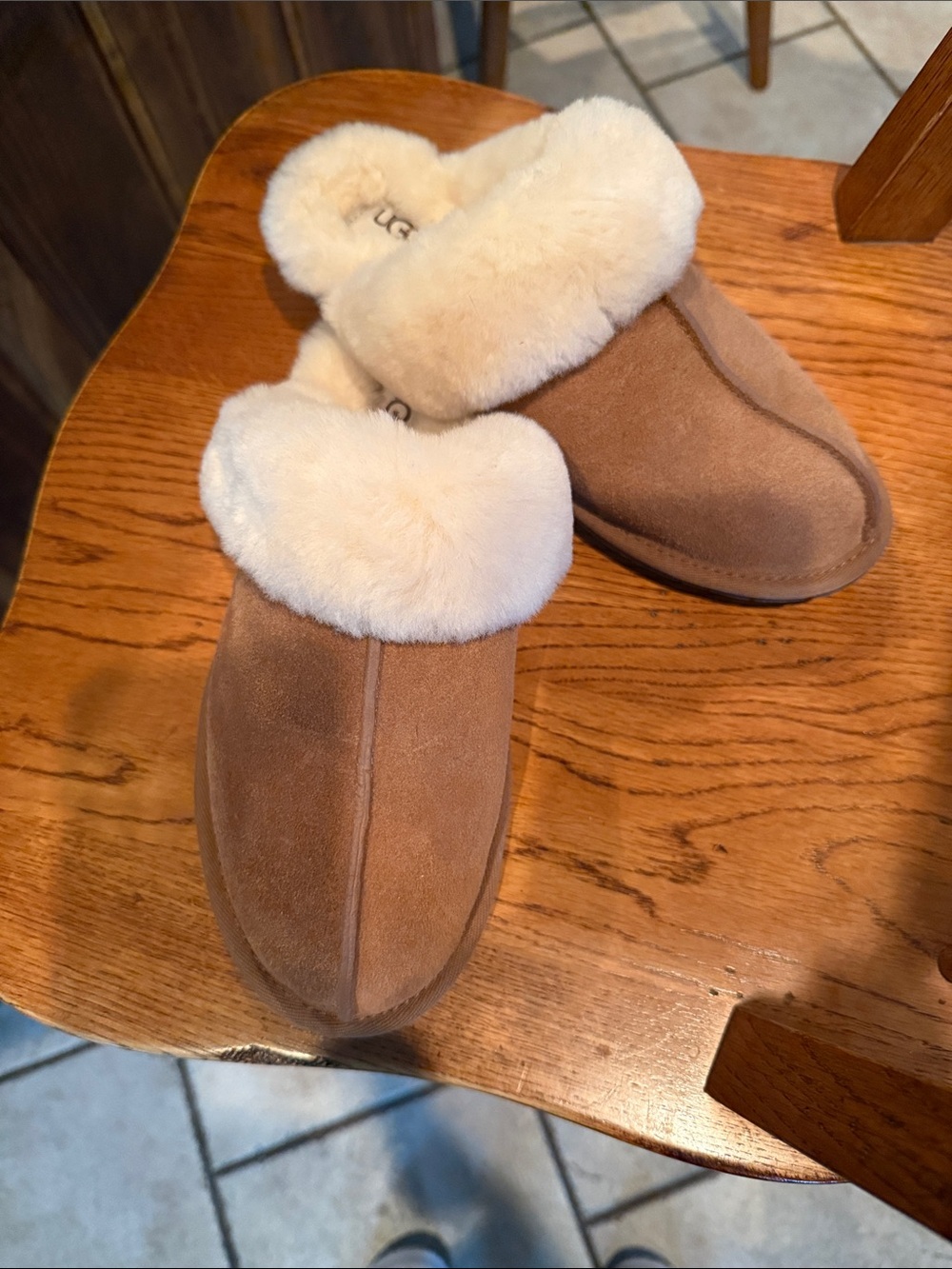UGG Women's Chestnut Suede Shearling Clog Slippers with Cream Fur Cuff